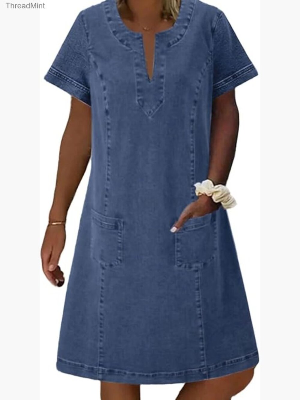 Women's Denim Shift Dress Short Sleeve V-Neck Mini Jean Dress